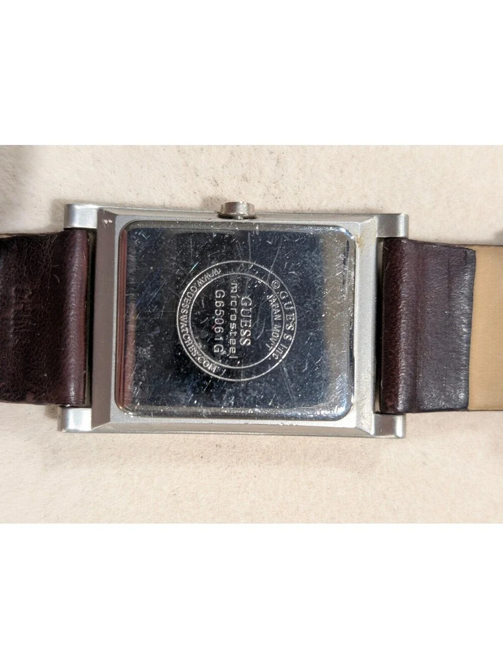 GUESS G85061G Men's Rectangular Silver Dial Brown Leather Watch